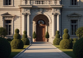 Obraz premium Grand entrance to a European mansion with manicured gardens and architectural details under soft sunlight illustration