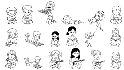set of illustrations of children's activities for coloring books