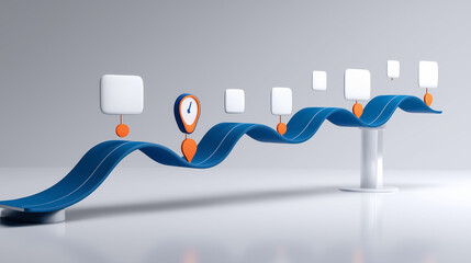 Visual representation of roadmap timeline showcasing business milestones and progress markers. Clean, contemporary design with blue waves and clocks