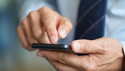 Hands using a mobile device in a business context