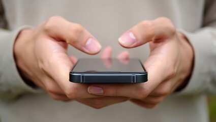 Close up of hands holding and texting on a smartphone outdoors