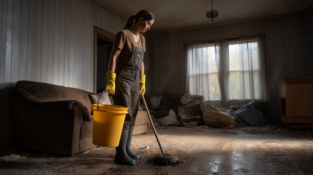 Woman mops water-damaged floor in dimly lit living room with debris and soaked furniture. Dusty and neglected atmosphere suggests recent flooding