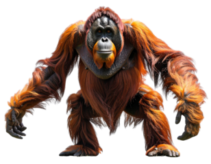 3D Render of Standing Orangutan with Detailed Fur Transparent Background