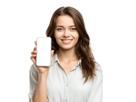 Smiling Woman Holding Smartphone with Blank Screen Mockup,business,blank