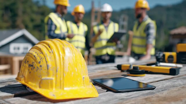 A scuffed hard hat rests on a rustic table alongside a digital tablet and measuring tools, with a safety-vested team engaged in discussion in the background.