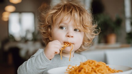 Young funny cute little child enjoy plate of spaghetti, curly hair and curious expression. Cozy warm atmosphere, family dining. Child eating food, joy of mealtime. Innocence, pleasure of comfort food.