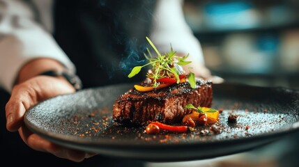 Head chef delicately seasoning gourmet dish of perfectly cooked beef fillets on black plate. Rich presentation, art of fine dining. Fresh herbs spices garnish meat. Sophisticated kitchen setting.