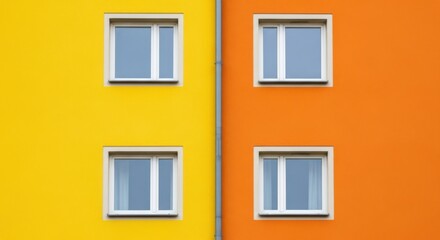 Abstract geometric pattern of brightly colored building facade with windows