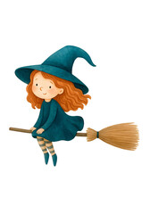 Cute Halloween Witch Watercolor Illustration, Magical Girl Character Clipart Isolated