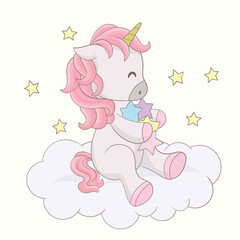 Funny unicorn playing on cloud with stars