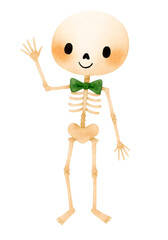 Cute Halloween Skeleton Watercolor Illustration, Spooky Skull Character Clipart Isolated