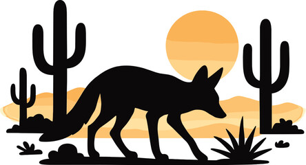 A silhouette of a desert fox cautiously steps among the cacti, its form blending into the serene landscape. The setting sun casts a warm glow,