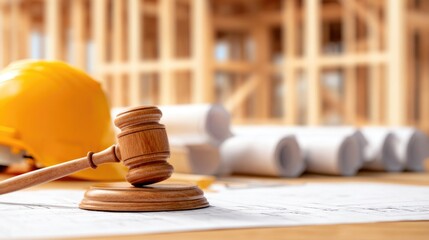 Judge gavel and construction helmet on blueprint