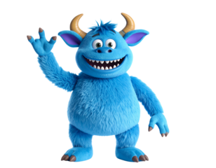 Adorable Blue Monster Cartoon Character Sitting Pose Isolated on Transparent Background
