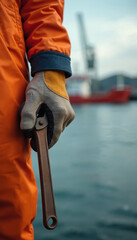 Gloved hand grips wrench against blurred harbor backdrop. Person wears orange work attire, emphasizing maritime industry, shipbuilding, maintenance roles. Focus on skilled labor, engineering