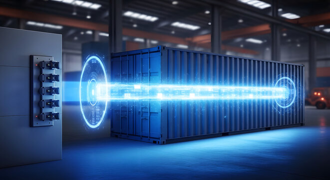  A futuristic concept showing a high-speed beam of digital data being transferred into a shipping container in a warehouse