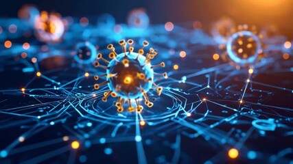 Digital representation of a virus particle with intricate networks and glowing elements, a focus - Powered by Adobe