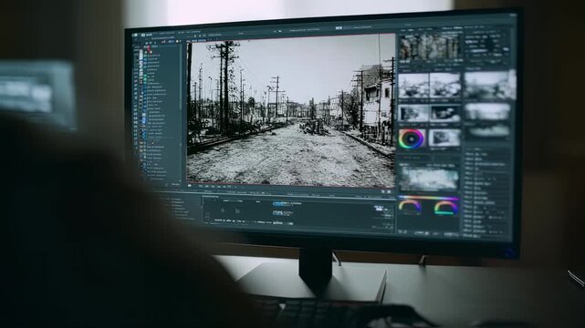 Medium shot showing a computer screen with automated AI restoration software applying lifelike colors to aged monochrome film the focused interface contrasted by a softly blurred