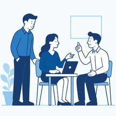 A casual office setting with minimal furnishings supports the interaction, focusing on communication and collaboration. The absence of detailed