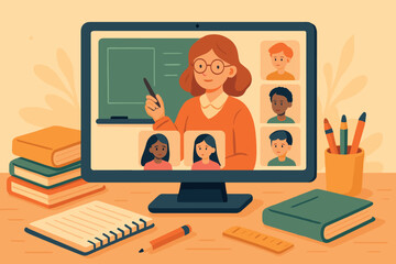 An illustrated scene of a virtual classroom setup, showing a computer screen displaying a teacher and students in small video chat windows. Books and