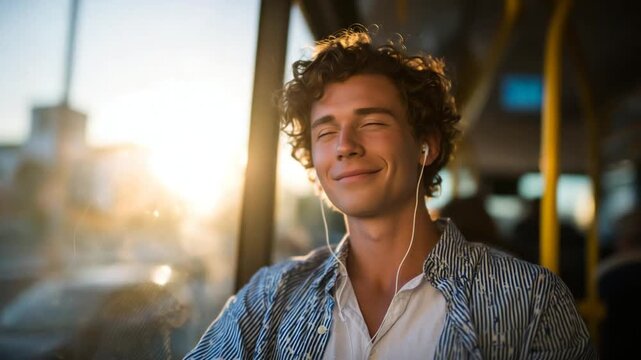 A serene scene inside a bus cabin during golden hour, where a young man with headphones smiles with closed eyes, bathed in a warm, soft glow.