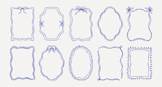Hand drawn ribbon frames set. Elegant whimsical borders with wavy lines and bows in trendy vintage styles. Modern vector design template for wedding invitation, card, print, poster