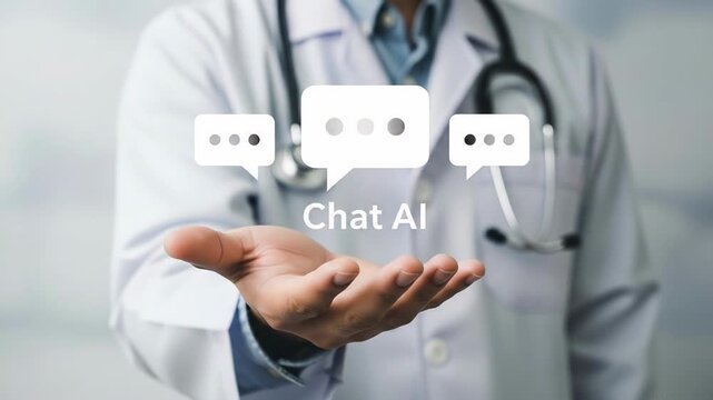 Doctor offering help holding a floating chat ai message He wears a lab coat and stethoscope in a healthcare setting Medical assistance is provided