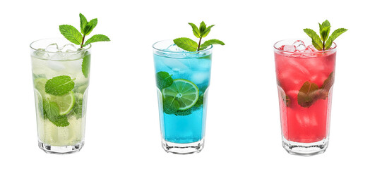 Classic, Blue, Pink Mojito cocktail transparent PNG set bundle, isolated background. Colorful vibrant exotic refreshing summer cocktails with garnish, bar menu drinks