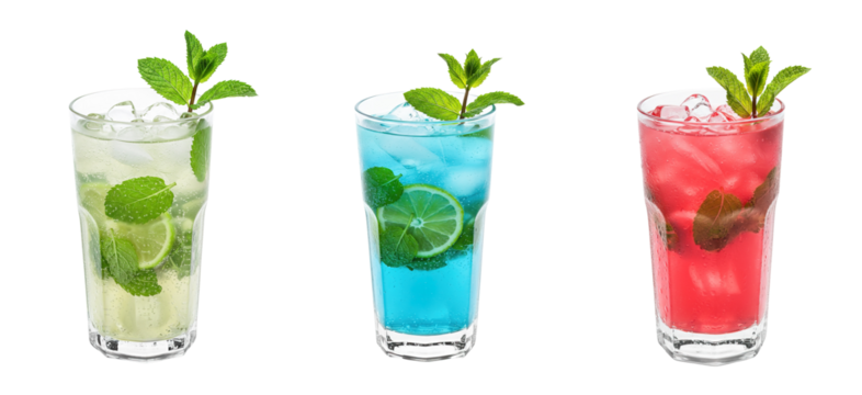 Classic, Blue, Pink Mojito cocktail transparent PNG set bundle, isolated background. Colorful vibrant exotic refreshing summer cocktails with garnish, bar menu drinks