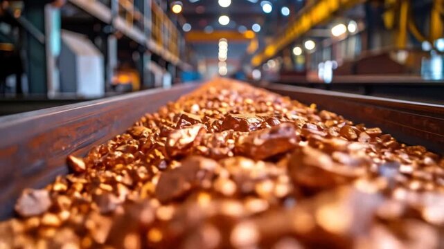 Copper Ore on Conveyor Belt Inside an Industrial Mine Setting With Heavy Machinery in a Manufacturing Plant Focus on Brown Rocks and a Blurred Background