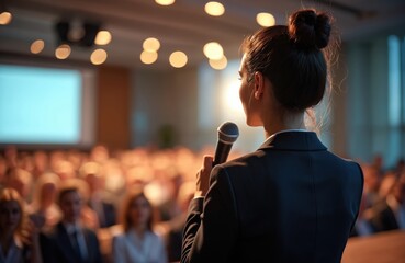 Pro woman speaking into microphone on conference stage. Engaged audience in soft focus. Inspiring leadership, empowerment event for business, success, motivation, teamwork, skill development.