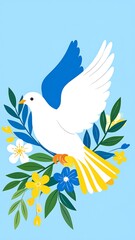 Obraz premium Flying white dove in floral wreath