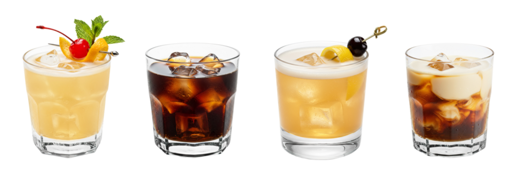 Whiskey Sour, Black Russian, Amaretto Sour, White Russian cocktail transparent PNG set bundle, isolated background. Colorful refreshing cocktails on the rocks with garnish, bar menu drinks