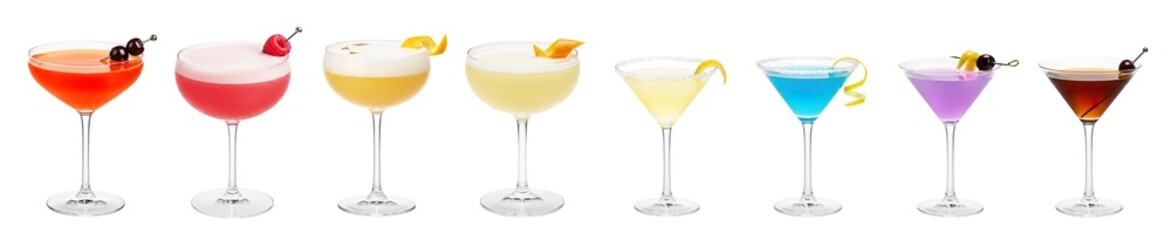 Fun colorful vibrant summer party cocktails transparent PNG set bundle, isolated background. Ward Eight, Clover Club, Whiskey Sour, Corpse Reviver, Lemon Drop, Glacier Martini, Aviation, Manhattan