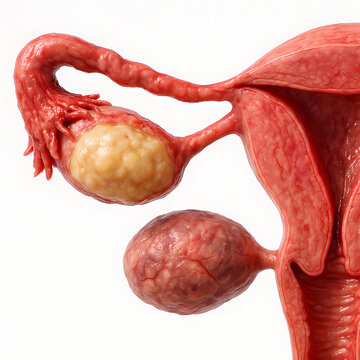 Anatomical illustration of the female reproductive system showing the uterus, fallopian tube, and a large ovarian cyst.