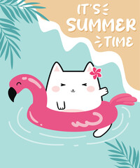 Kawaii cute cat on a flamingo float.   Cartoon doodle background with text - It's Summer Time. Perfect for greeting card design, t-shirt print, inspiration poster and more. Vector illustration