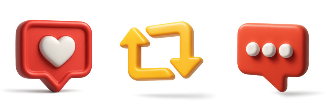 3D Social Media activity icons collection isolated on transparent background: red like heart icon,  yellow repost icon in form of arrows, and red comment icon