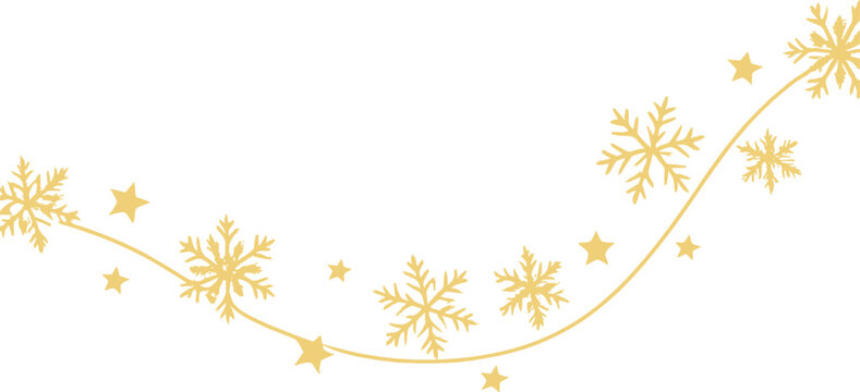 A delicate garland of golden snowflakes and tiny stars, strung together in an elegant curve. Each snowflake is uniquely crafted, showcasing intricate