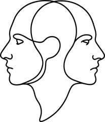 Two overlapping profiles facing opposite directions, symbolizing duality or inner conflict. The continuous line art creates a seamless connection