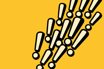 A series of exclamation marks cascades from the top right corner, punctuating the space with urgency and excitement. The arrangement suggests volume