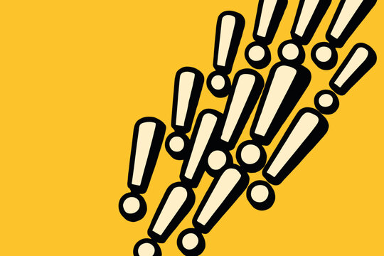 A series of exclamation marks cascades from the top right corner, punctuating the space with urgency and excitement. The arrangement suggests volume