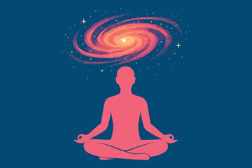 A pink human silhouette sitting cross-legged, with a swirling galaxy above its head, symbolizing limitless imagination. The figure is centered in a