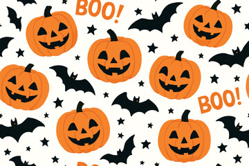The Halloween scene features orange pumpkins, each with a distinct carved grin, intermingled with black bats in mid-flight. Dotted stars and sporadic