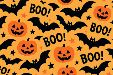 A playful Halloween pattern with black bats flying across the scene, wings spread wide. Interspersed are bright orange pumpkins with carved faces,