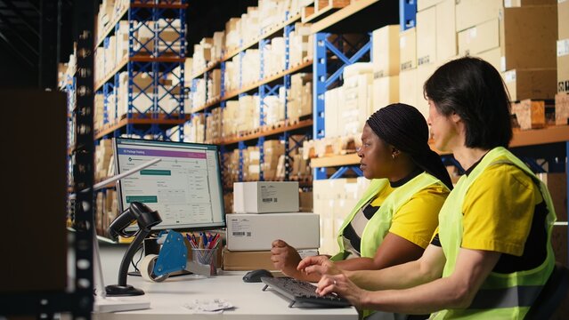 Team of two workers monitoring shipping route on tracking software, pointing at the pc monitor and updating the parcel shipment details. Typing logistics data on computer. Camera A.