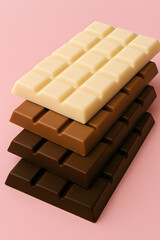Assorted chocolate bars stacked together including white, milk, and dark chocolate on a pastel pink background. Sweet and delicious dessert concept