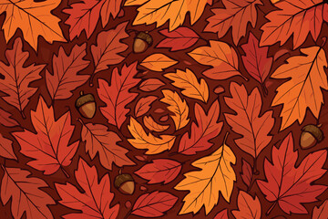A collection of autumn leaves in various shades of red, orange, and yellow, arranged in a swirling pattern. The leaves overlap and intertwine,