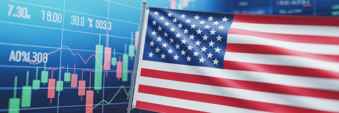 American flag with financial stock market data symbolizes economy and investment success - Powered by Adobe