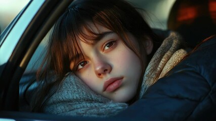 A young woman resting her head on a door, possibly tired or asleep.