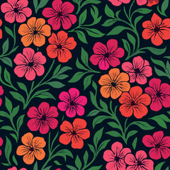 Playful floral pattern featuring clusters of pink, red, and orange flowers with intricate petal details. The flowers are nestled among whimsical green